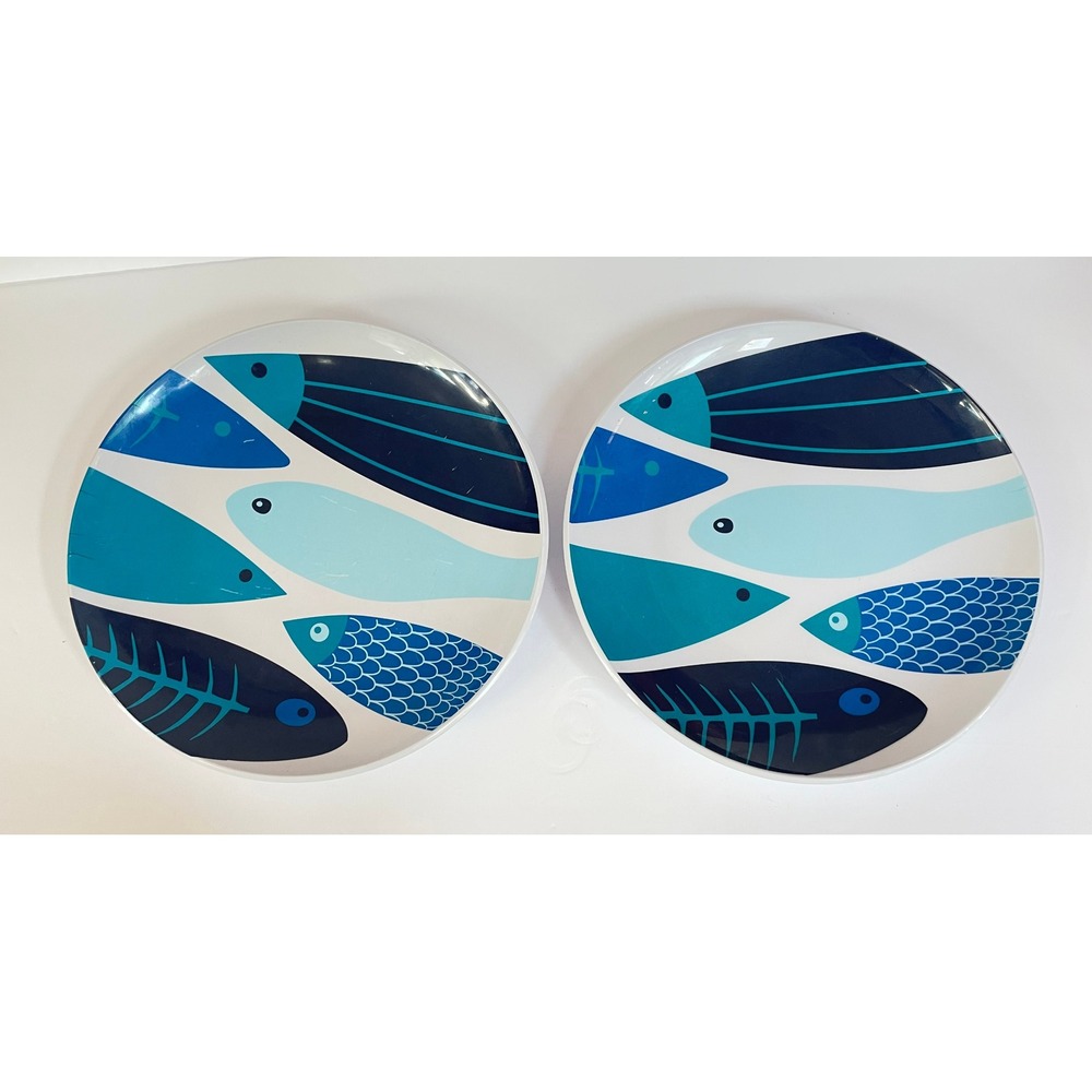 Jonathan Adler Melamine Dinner Plates Set of 2 Blue Teal Fish Graphic 11 Inch